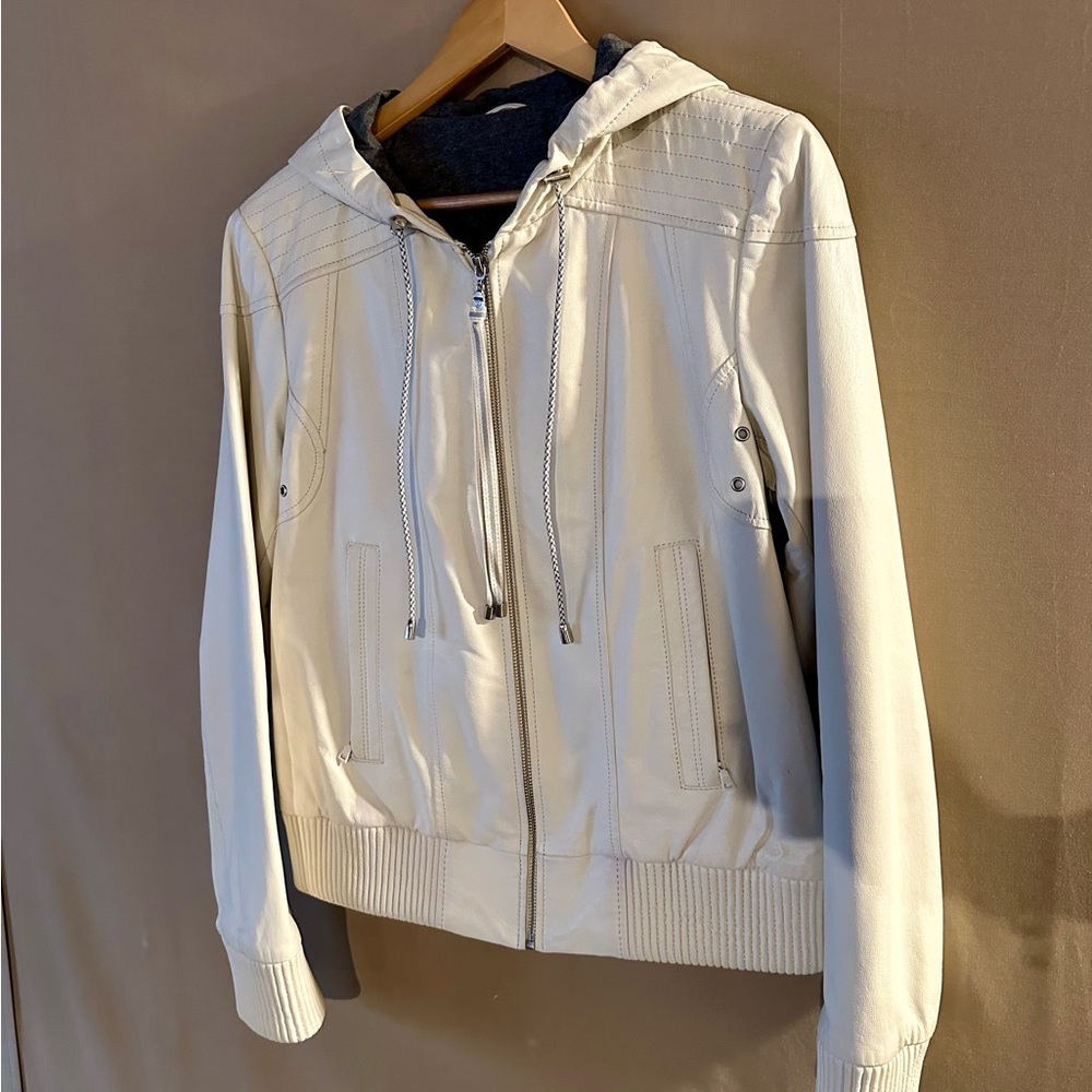 Wilson's Genuine White Leather Hoodie Jacket Woman's Size Large Zipper Front